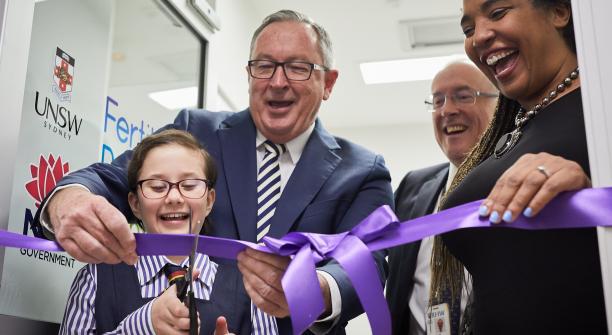 Emily Smethills, one of the first patients to recieve oncofertility treatment at the Fertility and Research Centre, with NSW Health Minister Brad Hazzard, UNSW Professsor of Obstetrics & Gynaecology William Ledger and Dr Antoinette Anazodo from UNSW's School of Women's and Children's Health.