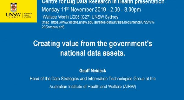 Image - CBDRH presentation: "Creating value from the government’s national data assets." by Geoff Neideck from the Australian Institute of Health & Welfare
